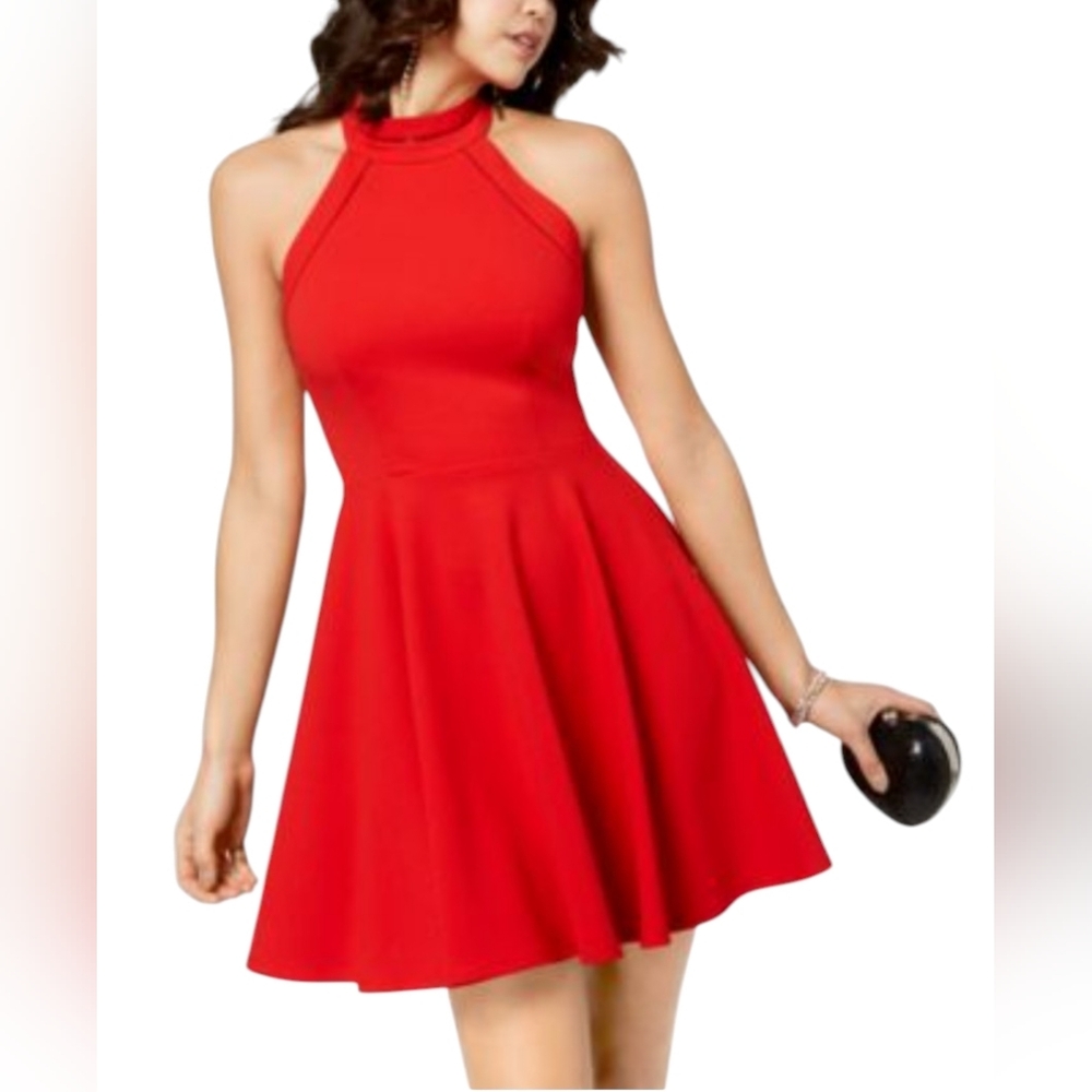 B Darlin Red Halter Eylet Cutout High Mock Neck Skater Mini Dress Sz. 9/10